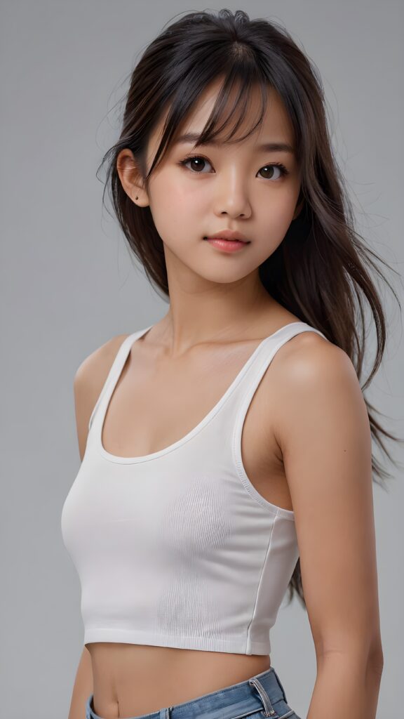 a realistic, Asian teen girl, 13 years old, long straight soft jet hair, bangs cut, perfect curved body, (wears a super short tight (white crop tank top)), perfect anatomy, grey background, side perspective ((realistic)) ((stunning)) ((gorgeous)) ((hight resolution)), upper body 1:3