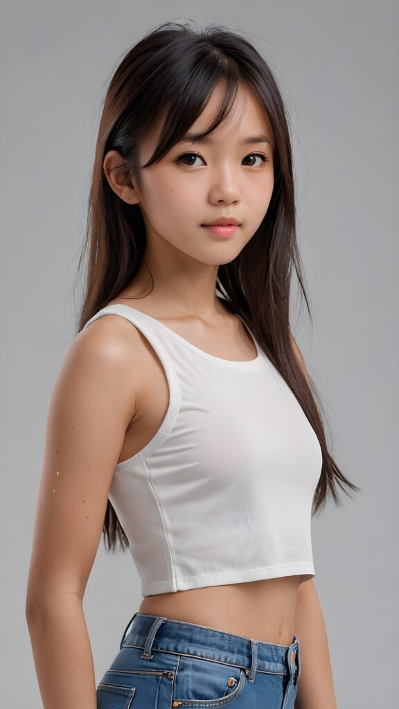 a realistic, Asian teen girl, 13 years old, long straight soft jet hair, bangs cut, perfect curved body, (wears a super short tight (white crop tank top)), perfect anatomy, grey background, side perspective ((realistic)) ((stunning)) ((gorgeous)) ((hight resolution)), upper body 1:3