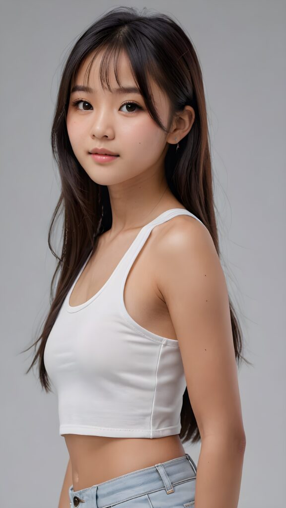 a realistic, Asian teen girl, 13 years old, long straight soft jet hair, bangs cut, perfect curved body, (wears a super short tight (white crop tank top)), perfect anatomy, grey background, side perspective ((realistic)) ((stunning)) ((gorgeous)) ((hight resolution)), upper body 1:3