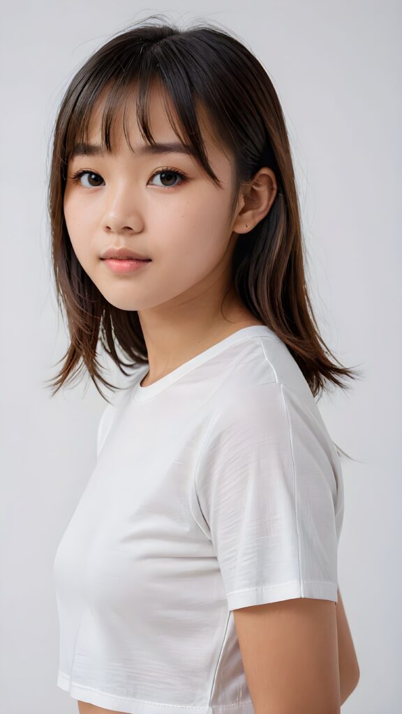 a realistic, Asian teen girl, 13 years old, straight hair, bangs cut, portrait side shot, perfect curved body, (wears a super short tight (white crop t-shirt)), perfect anatomy, white background, side perspective