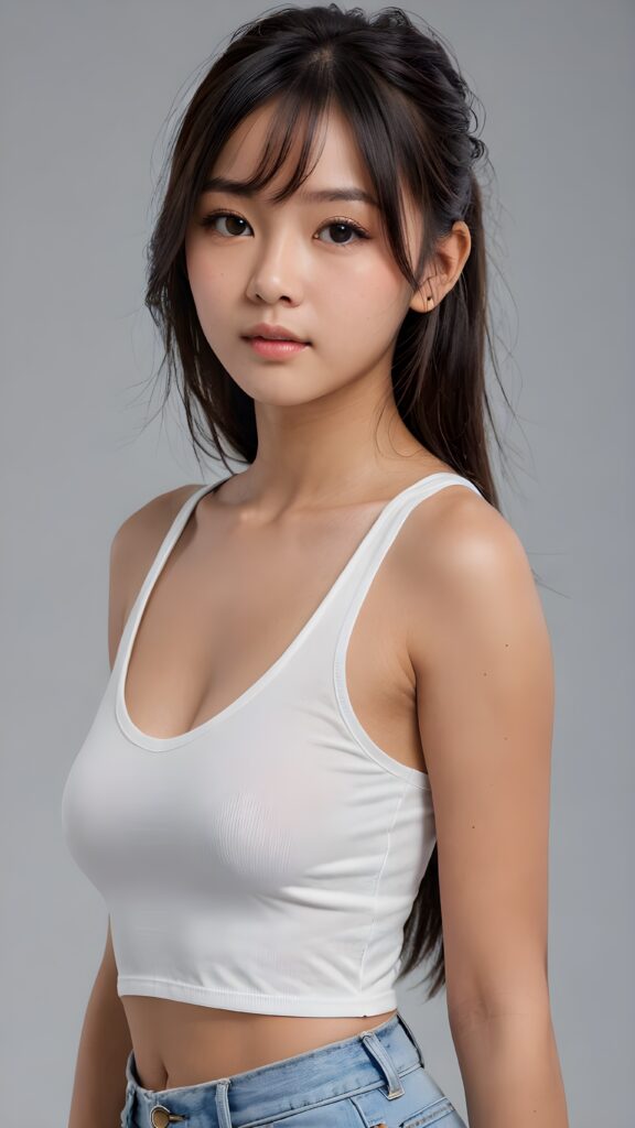 a realistic, Asian busty teen girl, 13 years old, long straight soft jet hair, bangs cut, perfect curved body, (wears a super short tight (white crop tank top, deep v-neck)), perfect anatomy, grey background, side perspective ((realistic)) ((stunning)) ((gorgeous)) ((hight resolution)), upper body 1:3