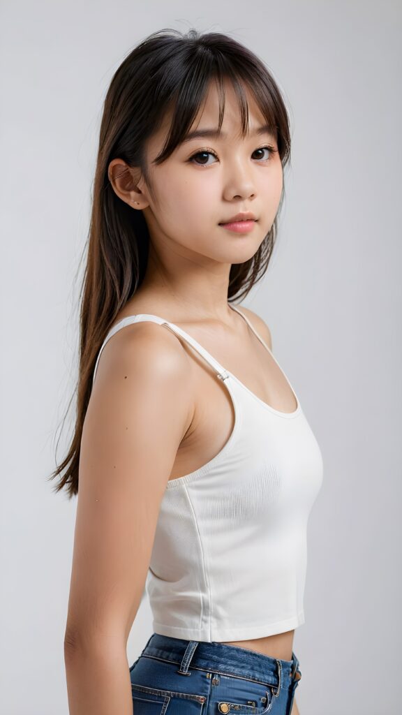 a realistic, Asian teen girl, 13 years old, straight hair, bangs cut, portrait side shot, perfect curved body, (wears a super short tight (white crop tank top)), perfect anatomy, white background, side perspective