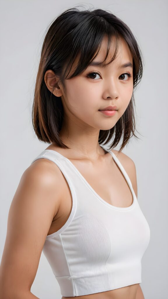 a realistic, Asian teen girl, 13 years old, straight hair, bangs cut, portrait side shot, perfect curved body, (wears a super short tight (white crop tank top)), perfect anatomy, white background, side perspective