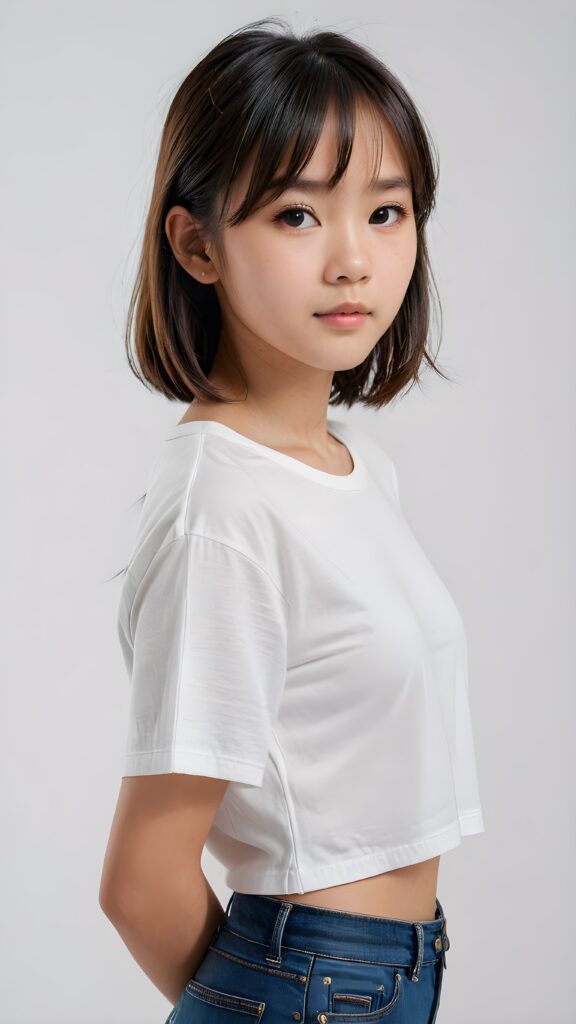 a realistic, Asian teen girl, 13 years old, straight hair, bangs cut, portrait side shot, perfect curved body, (wears a super short tight (white crop t-shirt)), perfect anatomy, white background, side perspective