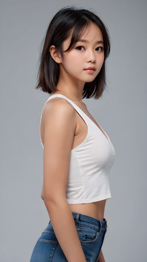 a realistic, Asian busty teen girl, 13 years old, long straight soft jet hair, bangs cut, perfect curved body, (wears a super short tight (white crop tank top, deep v-neck)), perfect anatomy, grey background, side perspective ((realistic)) ((stunning)) ((gorgeous)) ((hight resolution)), upper body 1:3