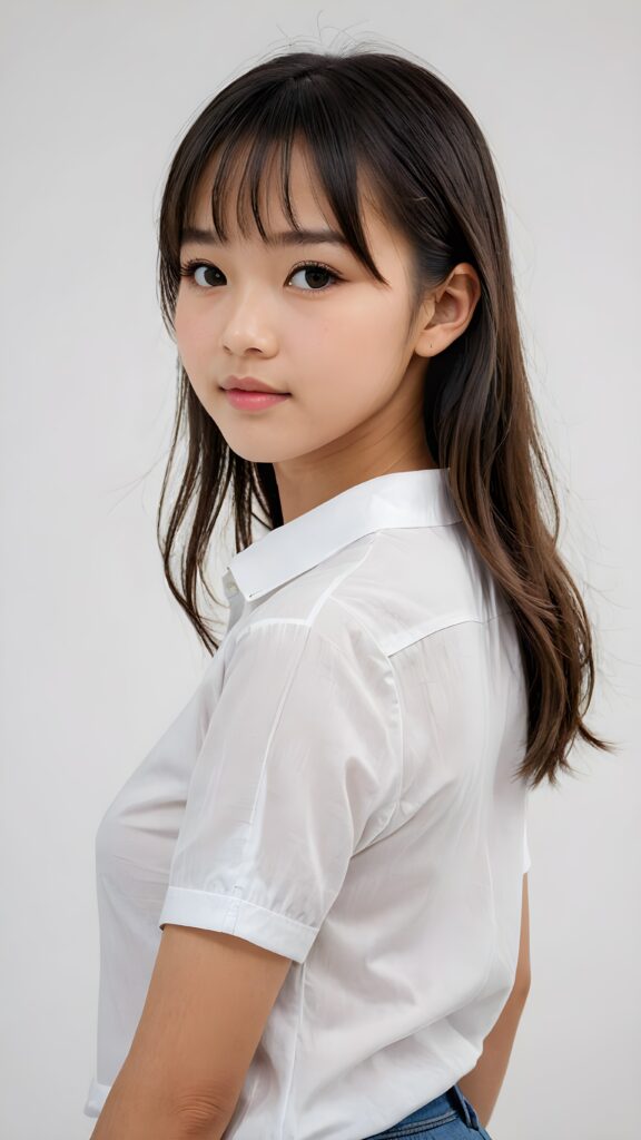 a realistic, Asian teen girl, 13 years old, straight hair, bangs cut, portrait side shot, perfect curved body, (wears a super short tight (white shirt)), perfect anatomy, white background, side perspective