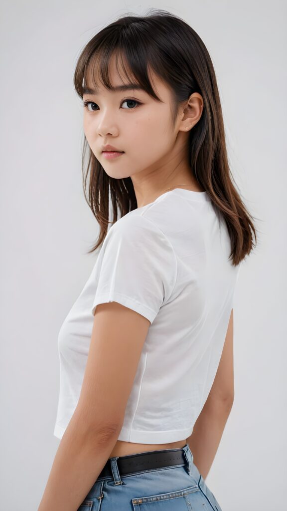 a realistic, Asian teen girl, 13 years old, straight hair, bangs cut, portrait side shot, perfect curved body, (wears a super short tight (white crop t-shirt)), perfect anatomy, white background, side perspective