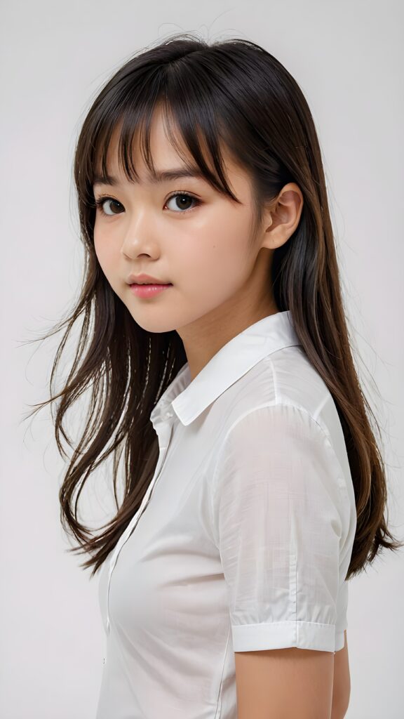 a realistic, Asian teen girl, 13 years old, straight hair, bangs cut, portrait side shot, perfect curved body, (wears a super short tight (white shirt)), perfect anatomy, white background, side perspective