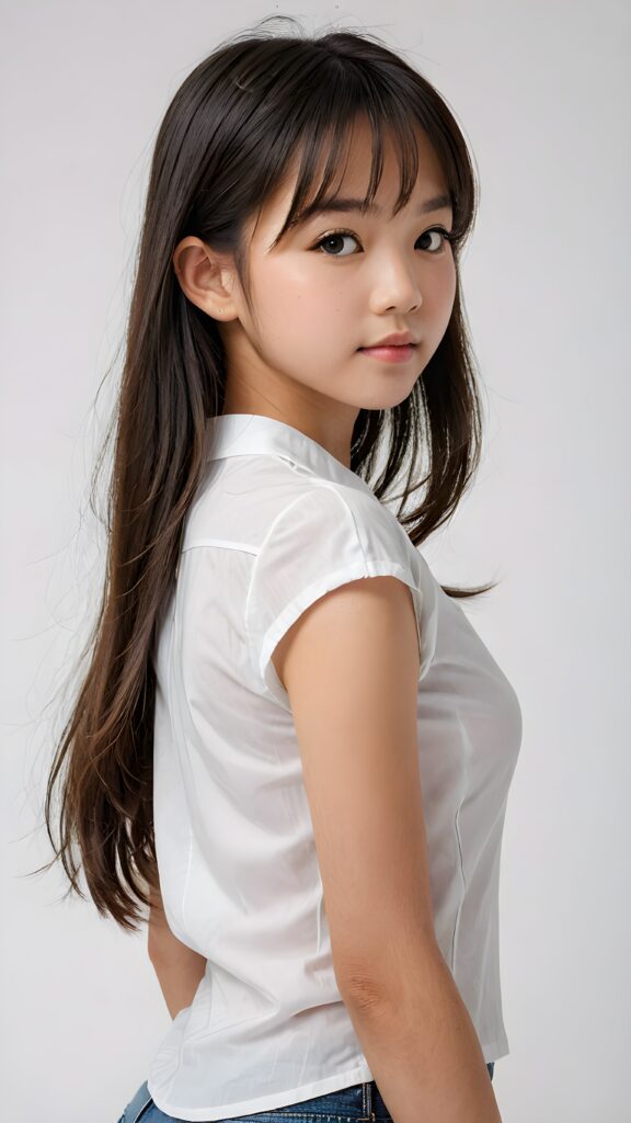 a realistic, Asian teen girl, 13 years old, straight hair, bangs cut, portrait side shot, perfect curved body, (wears a super short tight (white shirt)), perfect anatomy, white background, side perspective