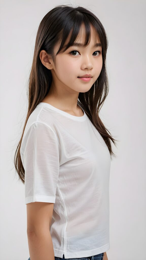 a realistic, Asian teen girl, 13 years old, straight hair, bangs cut, portrait side shot, perfect curved body, (wears a super short tight (white shirt)), perfect anatomy, white background, side perspective