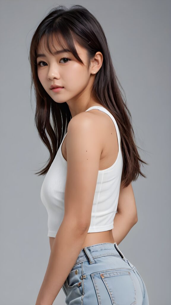 a realistic, Asian busty teen girl, 13 years old, long straight soft jet hair, bangs cut, perfect curved body, (wears a super short tight (white crop tank top, deep v-neck)), perfect anatomy, grey background, side perspective ((realistic)) ((stunning)) ((gorgeous)) ((hight resolution)), upper body 1:3