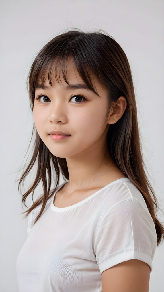 a realistic, Asian teen girl, 13 years old, straight hair, bangs cut, portrait side shot, perfect curved body, (wears a super short tight (white crop t-shirt)), perfect anatomy, white background, side perspective