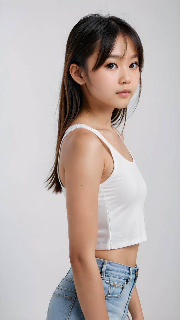 a realistic, Asian teen girl, 13 years old, straight hair, bangs cut, portrait side shot, perfect curved body, (wears a super short tight (white crop tank top)), perfect anatomy, white background, side perspective