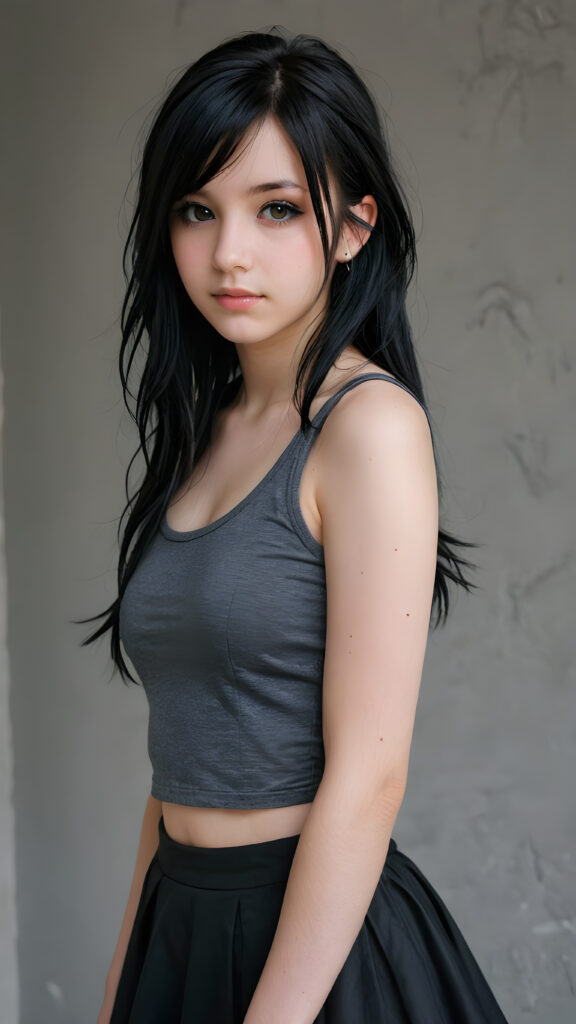 a realistic and detailed photo from a (((breathtakingly beautiful emo teen girl, 13 years old))), with long, soft, weavy messy, raven-black hair framing her round face, perfect curved fit body, super short cropped dark tank top, sleek black goth skirt, poised against a simple, (((grey wall backdrop))), looks seductively at the viewer, with slightly open mouth, full lips