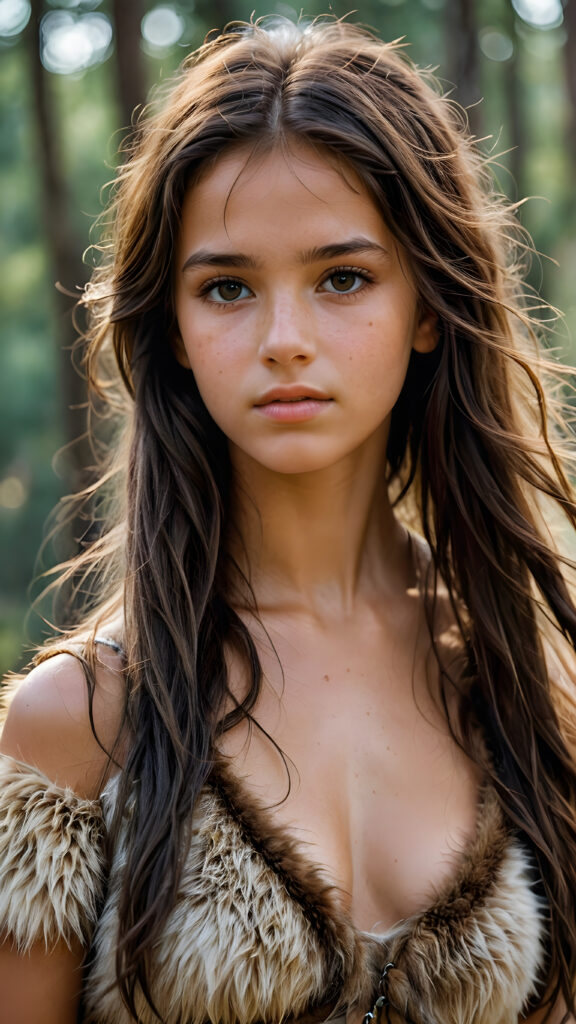 a realistic and detailed photograph of a young cute girl from the period 20000 BC, wears thin clothes made of animal fur and skin, messy long hair