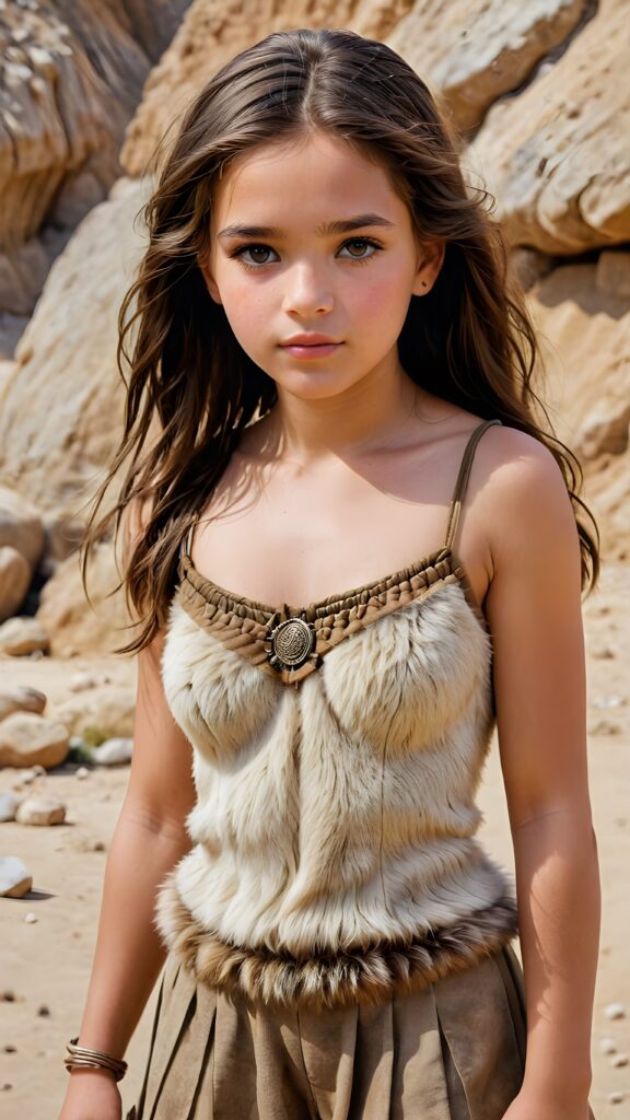 a realistic and detailed portrait of a young teen girl from the period 20000 BC, wears thin clothes made of animal fur and skin ((stunning)) ((gorgeous)) ((full body)) ((empty background))