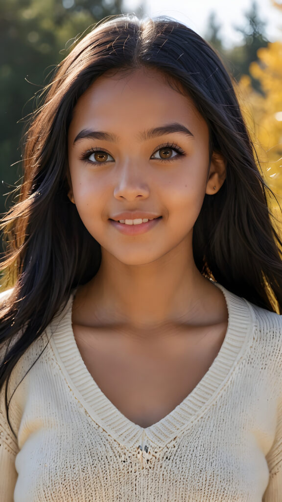 a realistic and detailed picture of my young brown-skinned Exotic daughter, 13 years old, in a plunge neck wool sweater, ((angelic round face, amber eyes)), ((soft long straight jet obsidian black hair)), full lips, in a (((carefree, happy expression))), surrounded by an air of exuberance and vivacity against a ((natural, sunny backdrop)) ((perfect light and shadows))