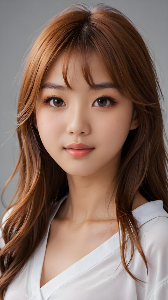 a realistic and detailed photo from a (((gorgeous stunning cute little perfectly curved Japanese teenage girlie, 13 years old))), looks seductive, slightly open mouth, full lips, white teeth, with (((light auburn-red very long soft jet hair))), featuring (((light amber eyes))), and a (((small flawless round face))), wears a white thin short cropped spaghetti t-shirt, ((grey background)) ((full-body)) ((side view))