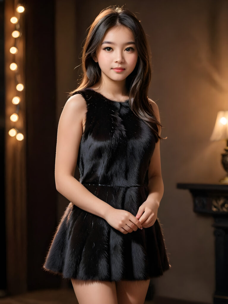 a realistic and detailed portrait of teen girl in a short cut fur dress, perfect curved fit body, black soft long straight hair ((firelight in backdrop))