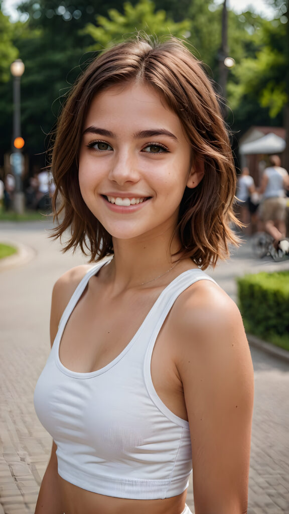 a realistic and detailed teen girl, upper body, brown hair, smile, emo style, white dressed, sport plain tank top, short pants, perfect curved body