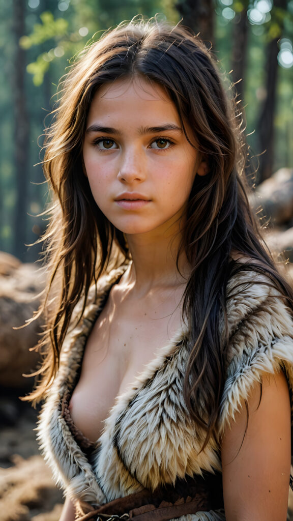 a realistic and detailed photograph of a young cute girl from the period 20000 BC, wears thin clothes made of animal fur and skin, messy long hair