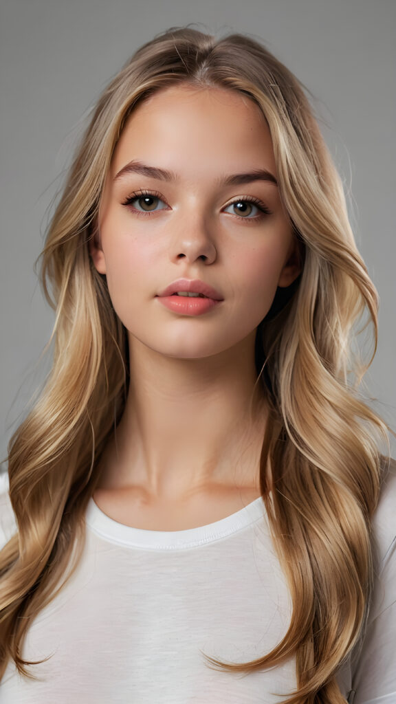 a realistic and detailed photo from a (((gorgeous stunning cute young perfectly curved american teenage girl))), with (((light brown-blonde very long soft jet hair))), featuring (((full lips))), and a (((small flawless round face))), wears a white thin short cropped t-shirt, ((grey background))