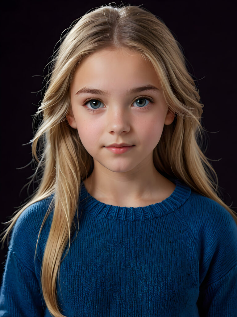 a realistic and detailed, dynamic photography of beautiful young ((teen girl, 13 years old)), with detailed straight soft blond hair, realistic and detailed eyes, looking into the camera, dynamic cinematic lights, perfect detailed round face, side view, wears a fine wool sweater in blue, ((upper body)), ((cute)), ((stunning)) ((dark background))