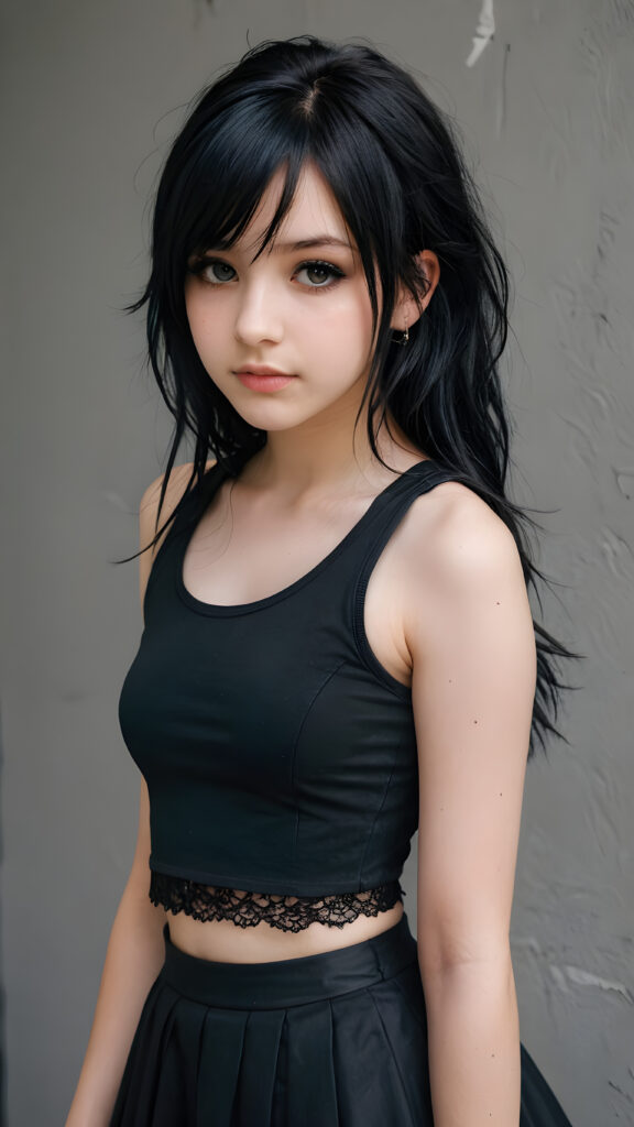 a realistic and detailed photo from a (((breathtakingly beautiful emo teen girl, 13 years old))), with long, soft, weavy messy, raven-black hair framing her round face, perfect curved fit body, super short cropped dark tank top, sleek black goth skirt, poised against a simple, (((grey wall backdrop))), looks seductively at the viewer, with slightly open mouth, full lips