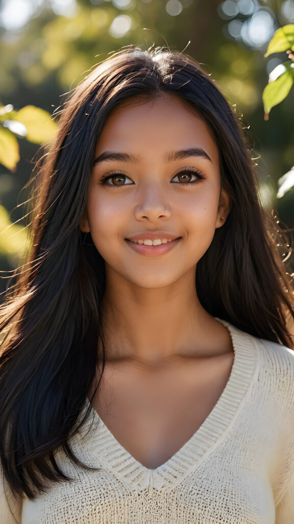 a realistic and detailed picture of my young brown-skinned Exotic daughter, 13 years old, in a plunge neck wool sweater, ((angelic round face, amber eyes)), ((soft long straight jet obsidian black hair)), full lips, in a (((carefree, happy expression))), surrounded by an air of exuberance and vivacity against a ((natural, sunny backdrop)) ((perfect light and shadows))