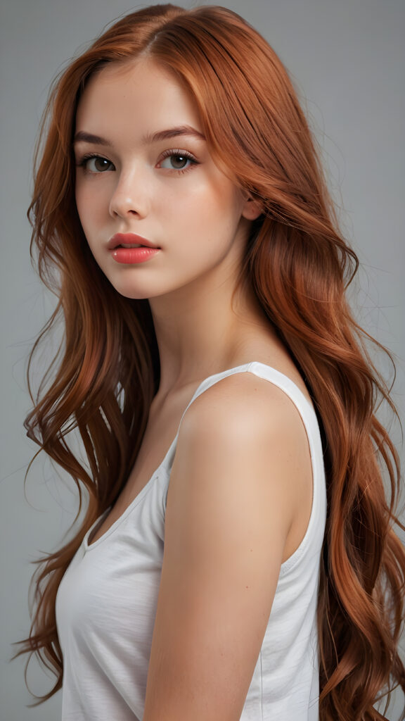 a realistic and detailed photo from a (((gorgeous stunning cute young perfectly curved teenage girl))), with (((light auburn-red very long soft jet hair))), featuring (((full lips))), and a (((small flawless round face))), wears a white thin short cropped spaghetti t-shirt, ((grey background)) ((full-body)) ((side view))