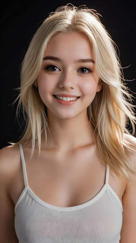 a realistic and detailed picture of my young daughter, 17 years old, short crop top, ((angelic round face, dark eyes)), ((soft long straight jet platinum-blonde hair)), full lips, in a (((carefree, happy expression))), surrounded by an air of exuberance and vivacity against a ((black backdrop)) ((perfect light and shadows))