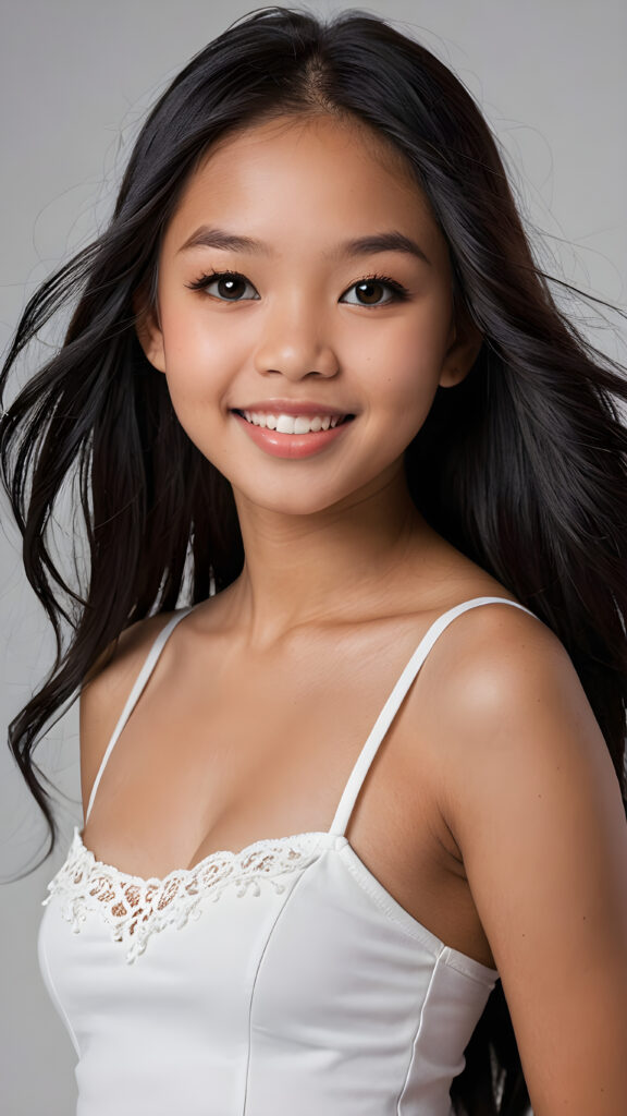 a realistic and detailed photo from a (((gorgeous stunning cute little perfectly curved Filipino teenage girlie, 13 years old))), looks seductive, slightly open mouth, full lips, white teeth, with (((light obsidian-black very long soft jet hair))), featuring (((light amber eyes))), and a (((small flawless round face))), wears a white thin short cropped spaghetti tank top, ((grey background)) ((full-body)) ((side view))