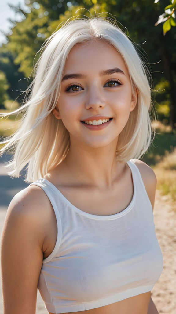 a realistic and detailed picture of my young daughter, 16 years old, short crop top, ((angelic round face, amber eyes)), ((soft long straight jet platinum white hair)), full lips, in a (((carefree, happy expression))), surrounded by an air of exuberance and vivacity against a ((natural, sunny backdrop)) ((perfect light and shadows))