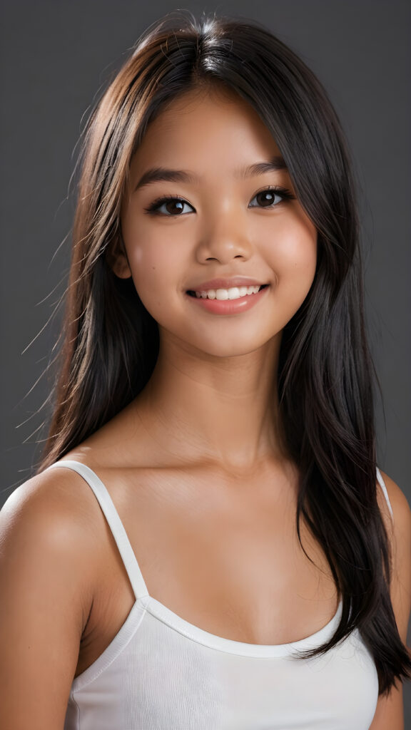 a realistic and detailed photo from a (((gorgeous stunning cute little perfectly curved Filipino teenage girlie, 13 years old))), looks seductive, slightly open mouth, full lips, white teeth, with (((light obsidian-black very long soft jet hair))), featuring (((light amber eyes))), and a (((small flawless round face))), wears a white thin short cropped spaghetti tank top, ((grey background)) ((full-body)) ((side view))