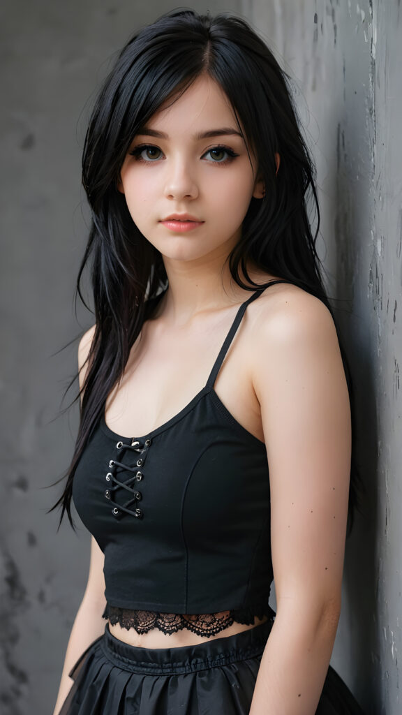 a realistic and detailed photo from a (((breathtakingly beautiful emo teen girl, 13 years old))), with long, soft, weavy messy, raven-black hair framing her round face, perfect curved fit body, super short cropped dark tank top, sleek black goth skirt, poised against a simple, (((grey wall backdrop))), looks seductively at the viewer, with slightly open mouth, full lips