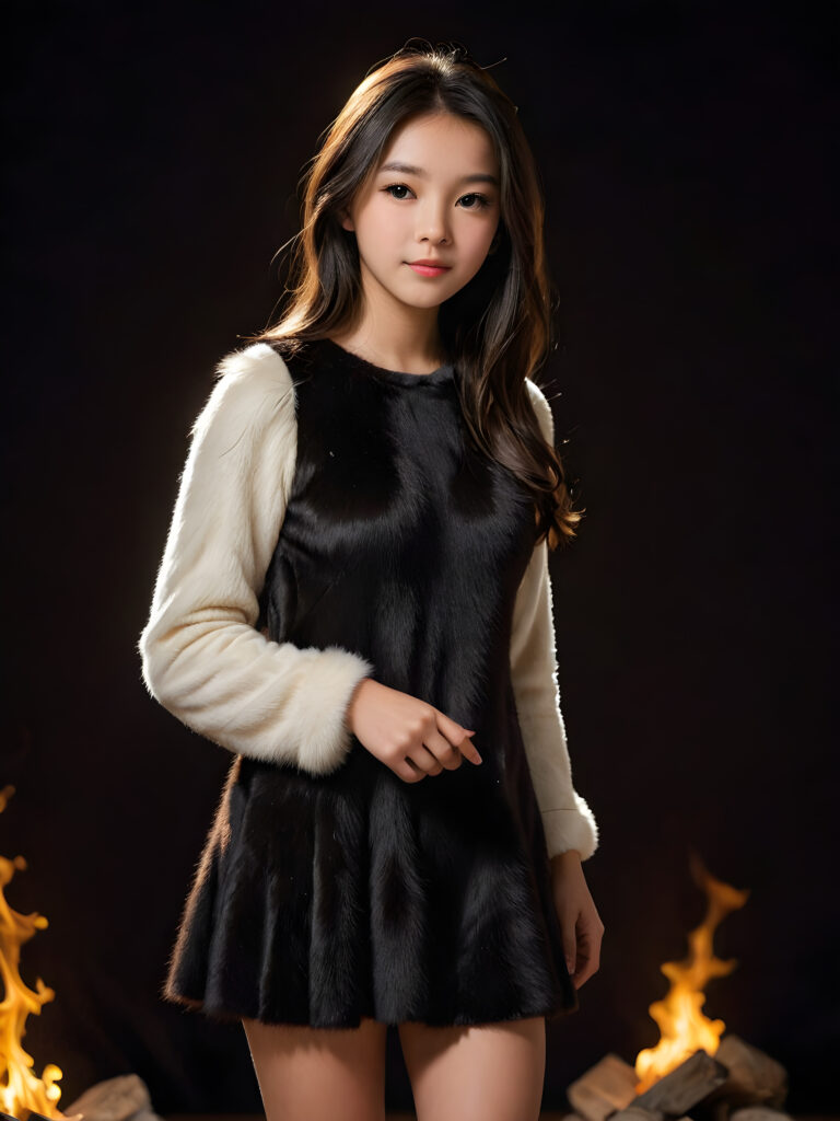 a realistic and detailed portrait of teen girl in a short cut fur dress, perfect curved fit body, black soft long straight hair ((firelight in backdrop))