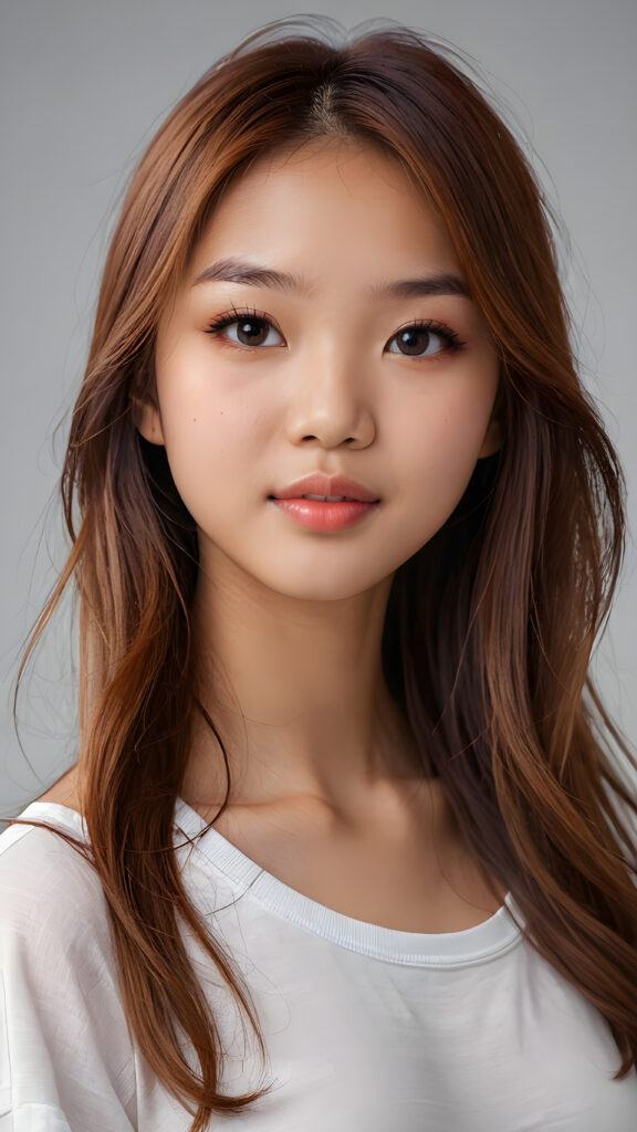 a realistic and detailed photo from a (((gorgeous stunning cute little perfectly curved Asian teenage girl, 13 years old))), looks seductive, slightly open mouth, full lips, white teeth, with (((light auburn-red very long soft jet hair))), featuring (((light amber eyes))), and a (((small flawless round face))), wears a white thin short cropped spaghetti t-shirt, ((grey background)) ((full-body)) ((side view))