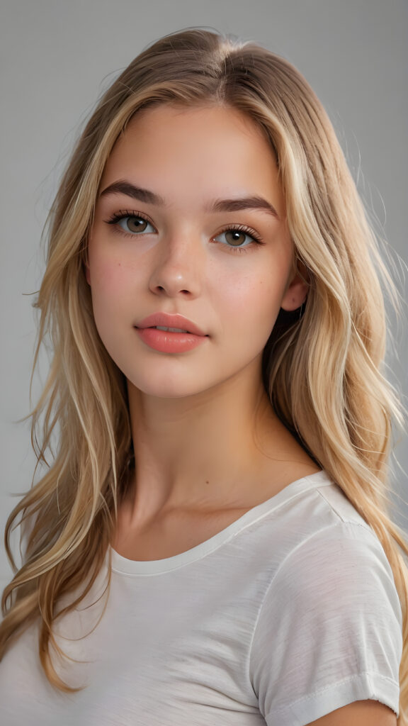 a realistic and detailed photo from a (((gorgeous stunning cute young perfectly curved american teenage girl))), with (((light brown-blonde very long soft jet hair))), featuring (((full lips))), and a (((small flawless round face))), wears a white thin short cropped t-shirt, ((grey background))