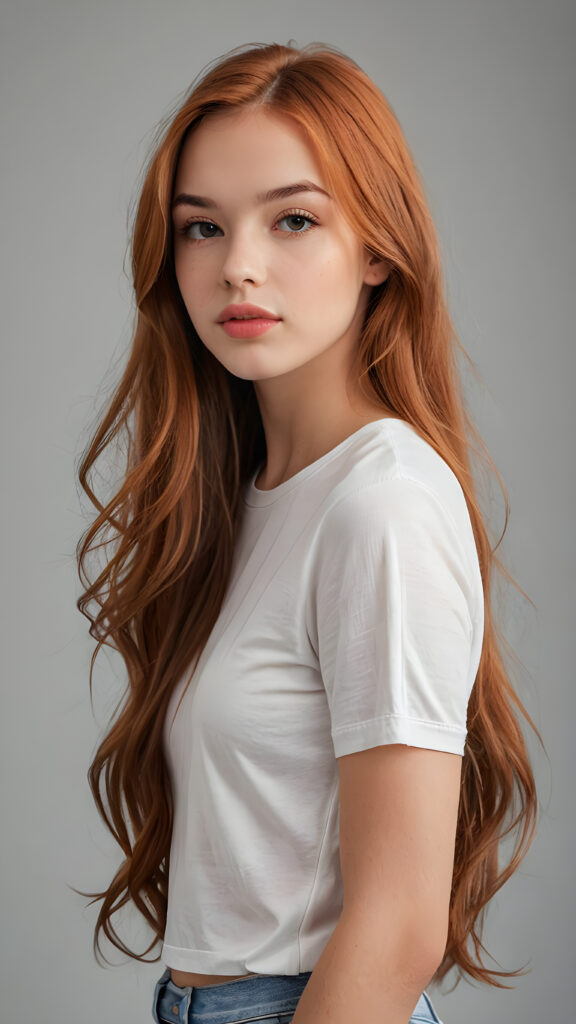 a realistic and detailed photo from a (((gorgeous stunning cute young perfectly curved teenage girl))), with (((light auburn-red very long soft jet hair))), featuring (((full lips))), and a (((small flawless round face))), wears a white thin short cropped spaghetti t-shirt, ((grey background)) ((full-body)) ((side view))