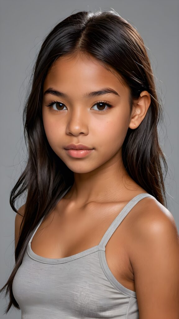 a realistic and detailed photo from a brown-skinned (((gorgeous stunning cute young perfectly curved Indigenous teen model girl, thin spaghetti cropped light-grey tank top))), 13 years old, with (((light brown-black very long soft jet hair, bangs))), featuring (((full lips))), and a (((small flawless round face))) ((grey background))