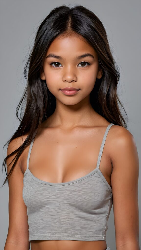 a realistic and detailed photo from a brown-skinned (((gorgeous stunning cute young perfectly curved Indigenous teen model girl, thin spaghetti cropped light-grey tank top))), 13 years old, with (((light brown-black very long soft jet hair, bangs))), featuring (((full lips))), and a (((small flawless round face))) ((grey background))