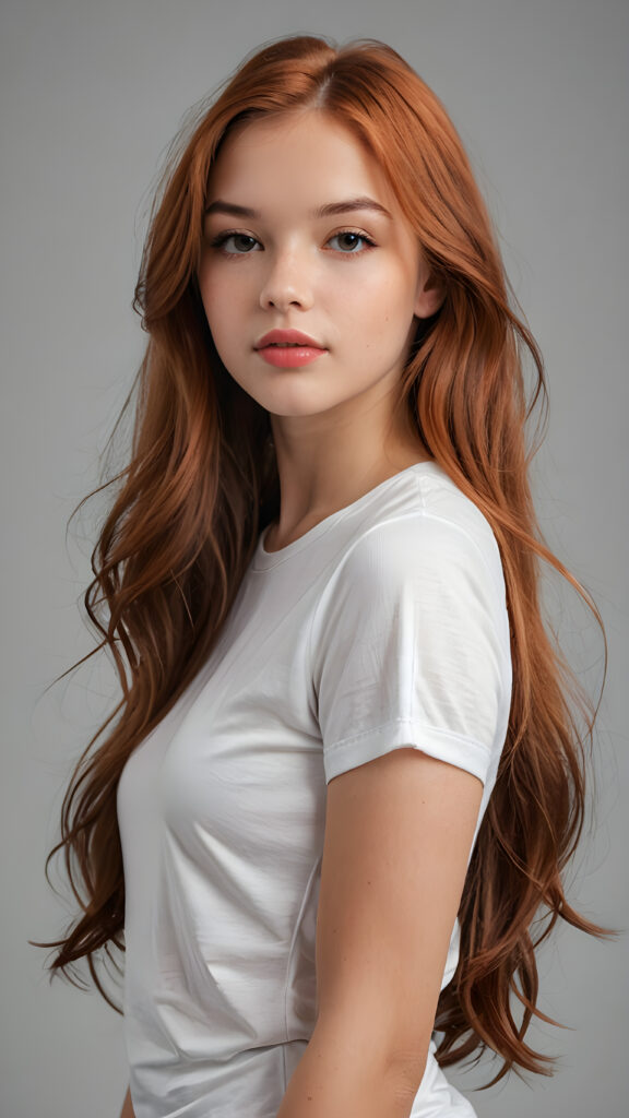 a realistic and detailed photo from a (((gorgeous stunning cute young perfectly curved teenage girl))), with (((light auburn-red very long soft jet hair))), featuring (((full lips))), and a (((small flawless round face))), wears a white thin short cropped spaghetti t-shirt, ((grey background)) ((full-body)) ((side view))