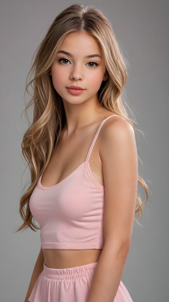 a realistic and detailed photo from a (((gorgeous stunning cute young perfectly curved teen model girl, thin spaghetti cropped light-pink tank top))), 15 years old, with (((light brown very long soft jet hair))), featuring (((full lips))), and a (((small flawless round face))) ((grey background))