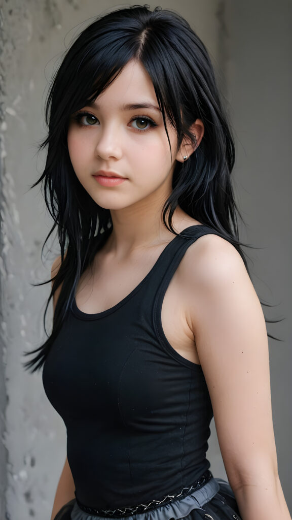 a realistic and detailed photo from a (((breathtakingly beautiful emo teen girl, 13 years old))), with long, soft, weavy messy, raven-black hair framing her round face, perfect curved fit body, super short cropped dark tank top, sleek black goth skirt, poised against a simple, (((grey wall backdrop))), looks seductively at the viewer, with slightly open mouth, full lips