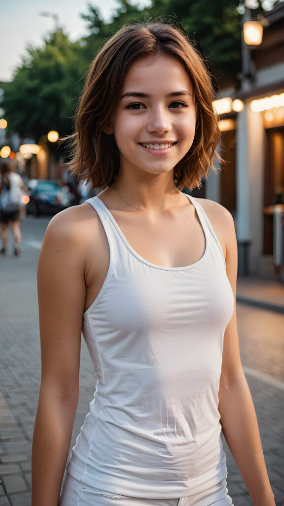 a realistic and detailed teen girl, upper body, brown hair, smile, emo style, white dressed, sport plain tank top, short pants, perfect curved body