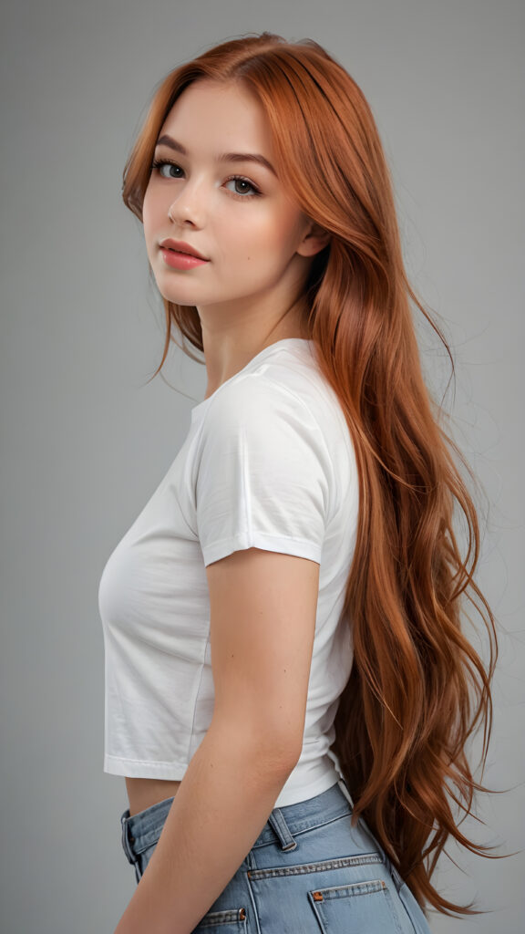 a realistic and detailed photo from a (((gorgeous stunning cute young perfectly curved teenage girl))), with (((light auburn-red very long soft jet hair))), featuring (((full lips))), and a (((small flawless round face))), wears a white thin short cropped spaghetti t-shirt, ((grey background)) ((full-body)) ((side view))