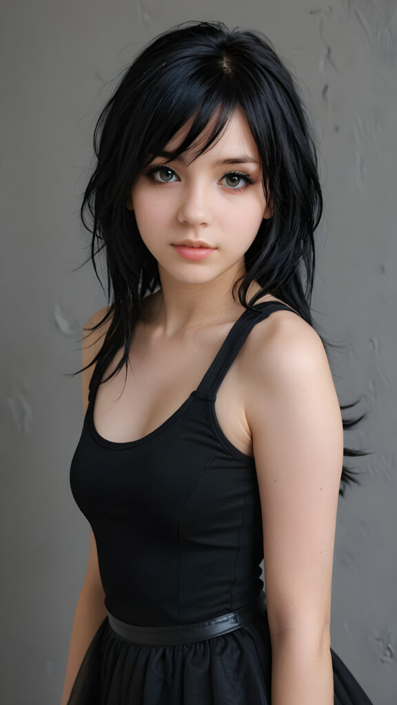 a realistic and detailed photo from a (((breathtakingly beautiful emo teen girl, 13 years old))), with long, soft, weavy messy, raven-black hair framing her round face, perfect curved fit body, super short cropped dark tank top, sleek black goth skirt, poised against a simple, (((grey wall backdrop))), looks seductively at the viewer, with slightly open mouth, full lips