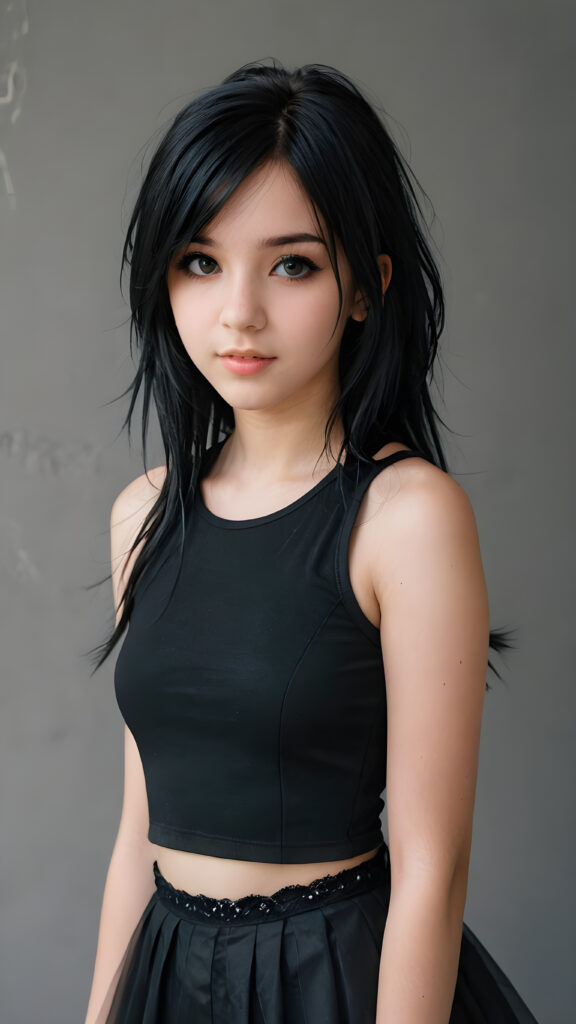 a realistic and detailed photo from a (((breathtakingly beautiful emo teen girl, 13 years old))), with long, soft, weavy messy, raven-black hair framing her round face, perfect curved fit body, super short cropped dark tank top, sleek black goth skirt, poised against a simple, (((grey wall backdrop))), looks seductively at the viewer, with slightly open mouth, full lips