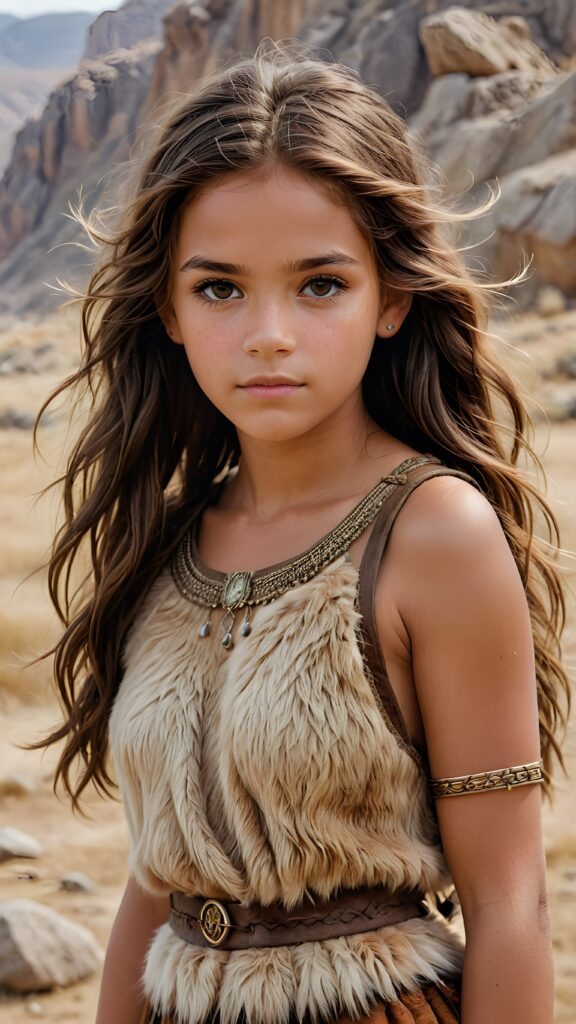 a realistic and detailed pencil drawing of a young teen girl from the period 20000 BC, straight messy hair, wears clothes made of animal fur and skin ((stunning)) ((gorgeous)) ((empty background))