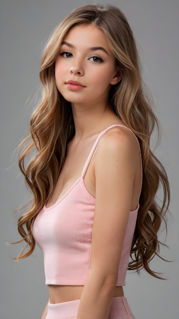 a realistic and detailed photo from a (((gorgeous stunning cute young perfectly curved teen model girl, thin spaghetti cropped light-pink tank top made of fine wool))), 15 years old, with (((light brown very long soft jet hair))), featuring (((full lips))), and a (((small flawless round face))) ((grey background))